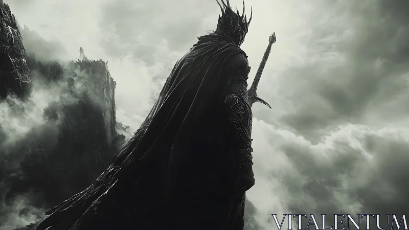 Shadow-crowned warlord surveys storm-wreathed mountain realm.