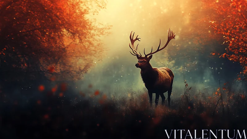 Majestic stag pauses in glowing autumn forest haze