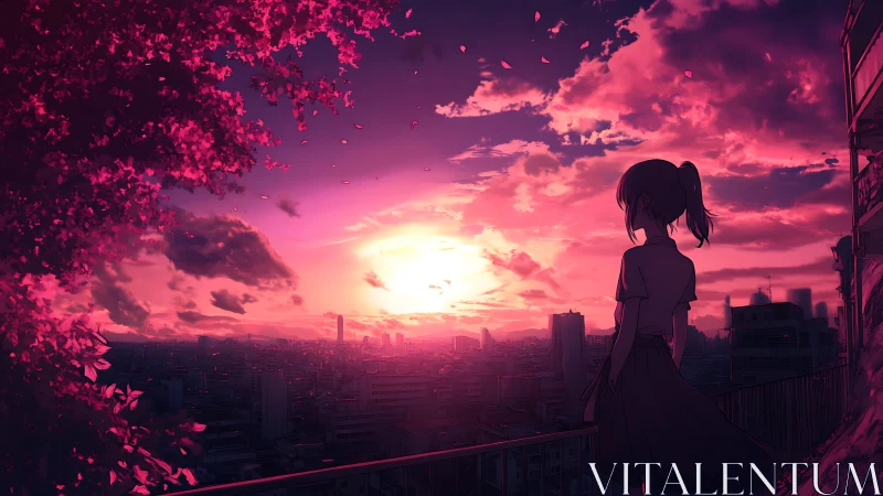 Backlit anime silhouette surveys neon magenta city sunset skyline