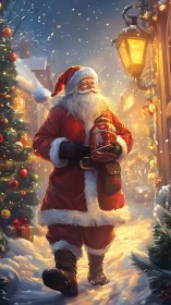 Jolly Santa walks through a glowing snowy Christmas street