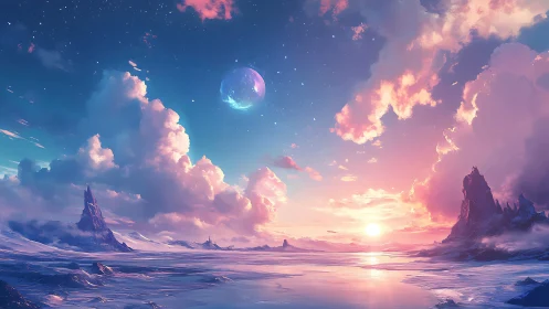 Celestial dawn over crystalline alien seas of quiet wonder.