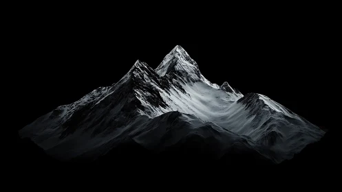 Silent snowcapped mountain peaks glow softly in darkness