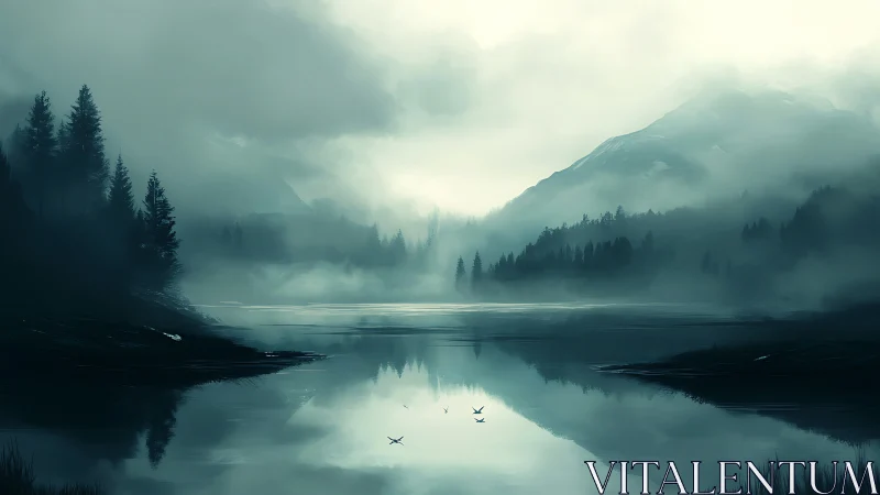 Misty alpine lake reflects conifer silhouettes in muted cyan tones