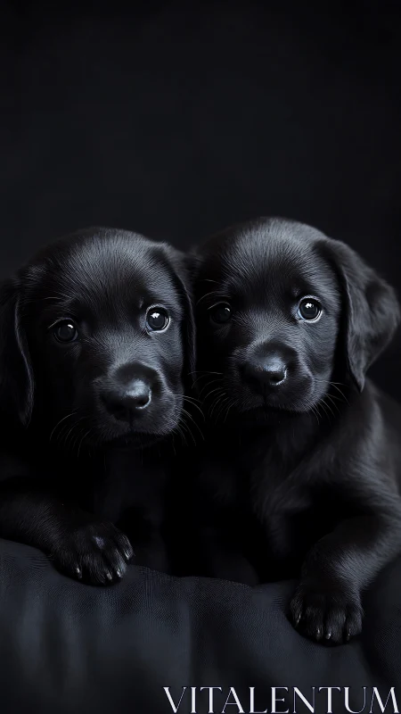 Studio portrait isolates two black puppies with glossy fur