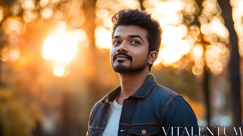 Sunlit wanderer framed by glowing autumn bokeh haze.