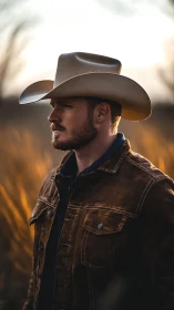 Cowboy hat portrait shows man in brown jacket at sunset