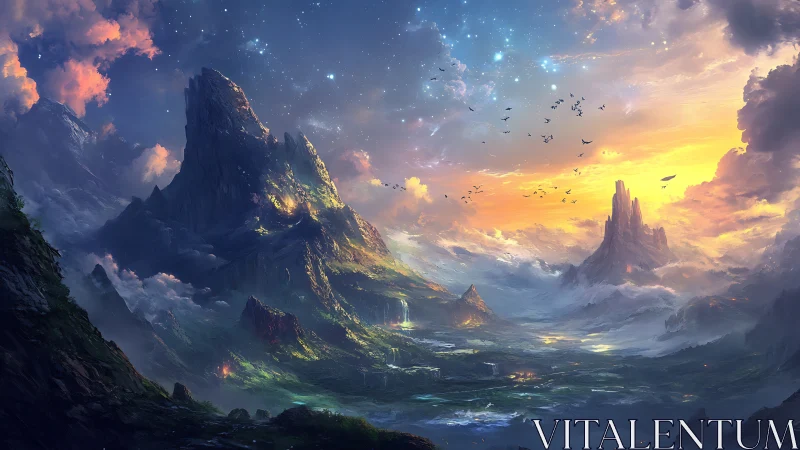 Dreamlike sunrise over enchanted mountains and valleys.