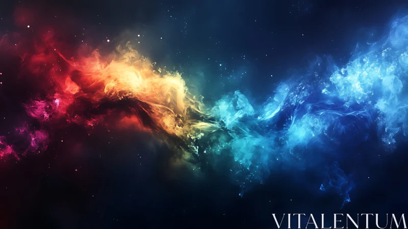 Cosmic nebula clash in vivid red, gold, and blue light.