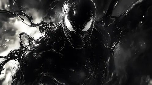 Symbiotic black figure emerges from swirling liquid mass