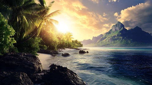 Tropical Coastal Landscape with Mountain and Sunrise