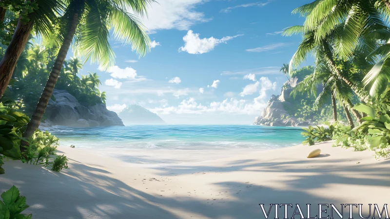 Tropical Beach Cove with Palm Trees and Cliffs.