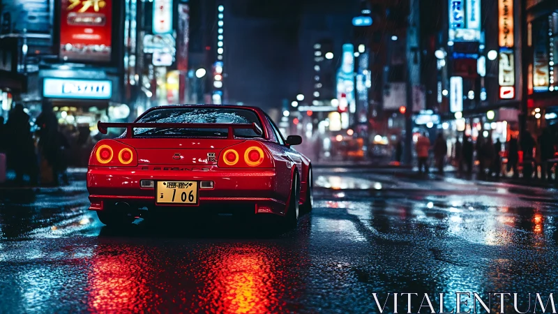 Red sports car on neon-lit Tokyo street at night in rain.
