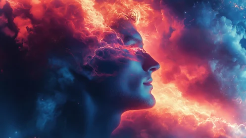 Surreal male profile emerges from cosmic fire and clouds