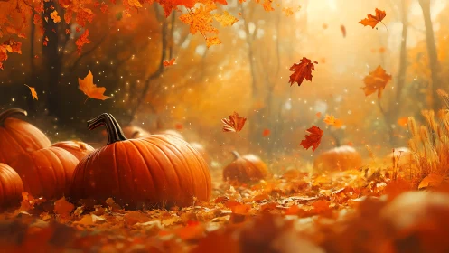 Pumpkins rest on forest floor under swirling autumn leaves