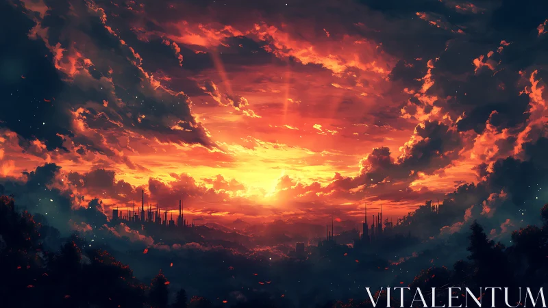 Epic crimson sunset above distant fantasy citadel skyline.