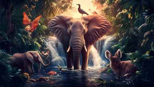 Majestic elephant leading vibrant jungle wildlife tableau.