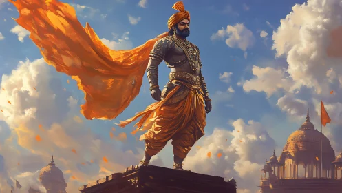 Heroic warrior prince stands tall above golden palace skies