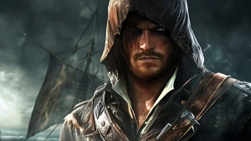 Hooded privateer in storm-lit closeup with high-detail leather gear