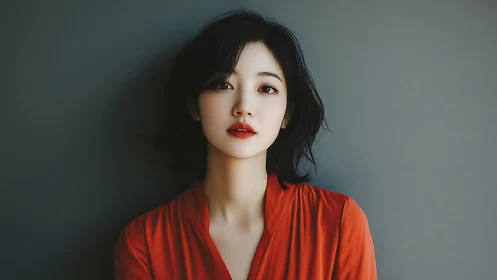 Soft-lit digital portrait with neutral backdrop and red blouse