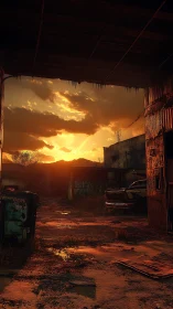 Sunset over decayed industrial yard framed by dark hangar