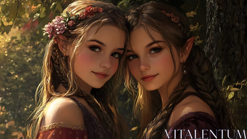 Forest sisters share a gentle, sunlit fantasy embrace.