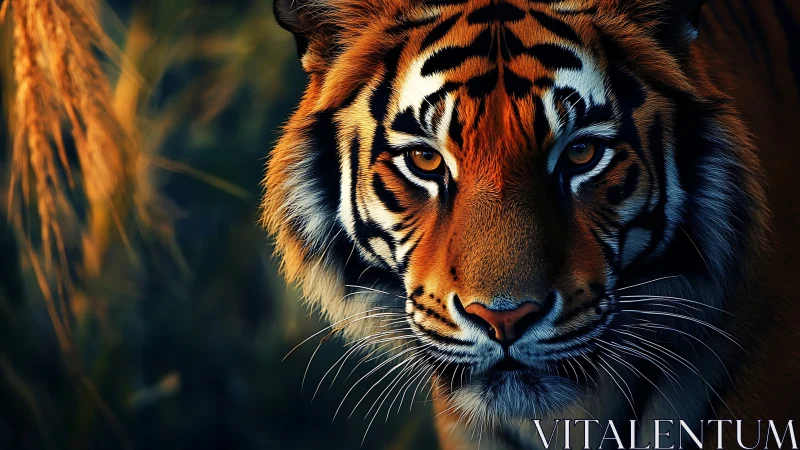 Photorealistic tiger portrait with dramatic low key lighting.