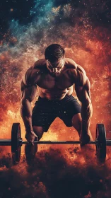 Muscular male athlete lifting barbell with cosmic backdrop.