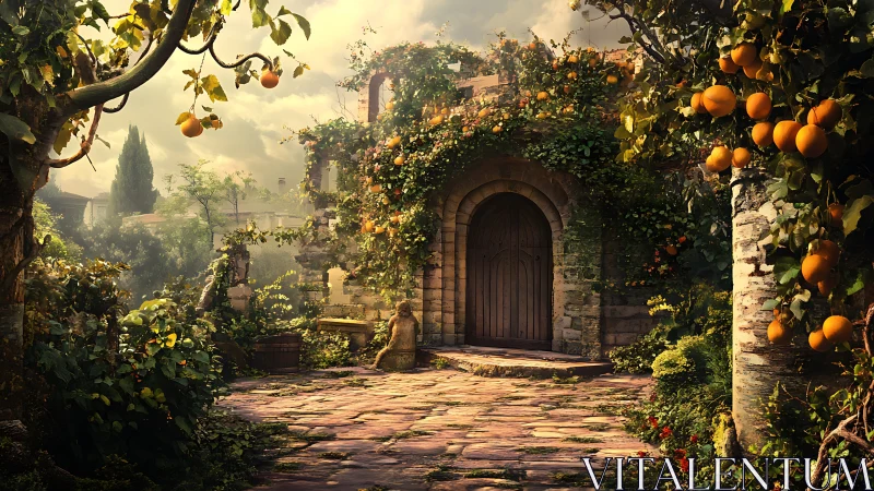 Sunlit stone courtyard with rustic wooden door and oranges.