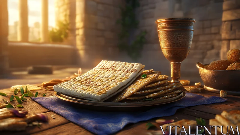 Ancient stone table with unleavened flatbread and engraved chalice under warm rim lighting