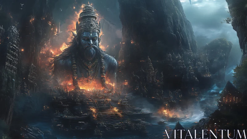 Stormlit titan of embers guarding a drowned mythic city.