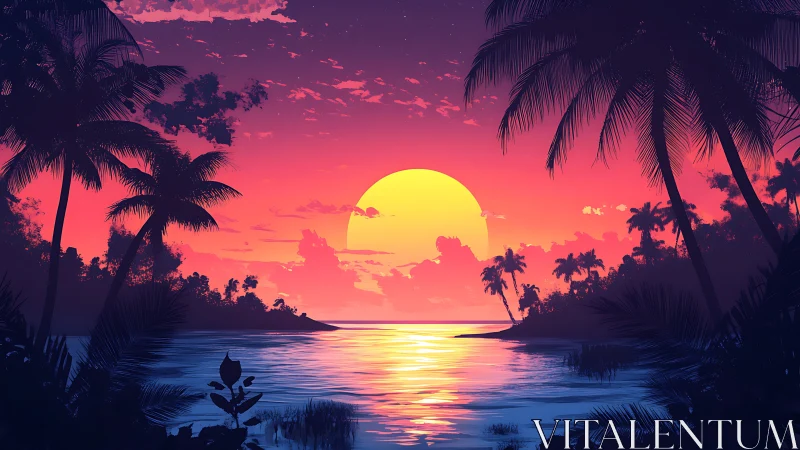 Neon mango sun sinking behind a hush of palm silhouettes.