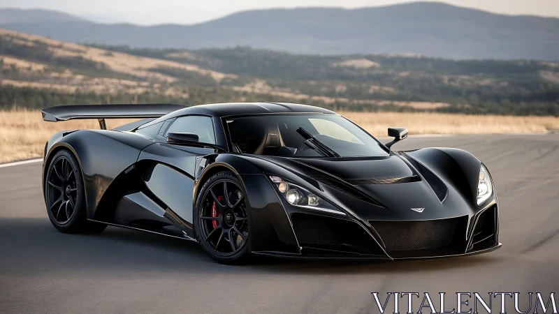 Black mid‑engine hypercar on empty track in open landscape.