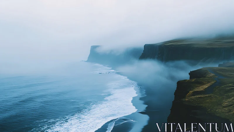Fog-shrouded sea cliffs rise above cold Atlantic shoreline