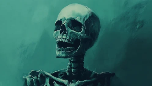 Laughing teal skeleton under painterly twilight haze.