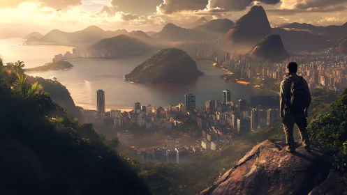 Cinematic digital vista of coastal metropolis at golden hour.