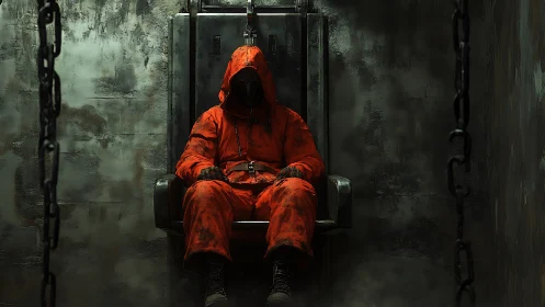 Hooded prisoner in electric chair under harsh industrial light.