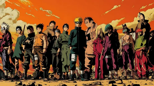 Anime ensemble under dramatic orange sky in wide panoramic stance