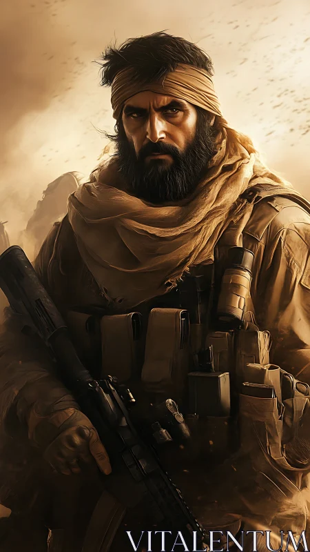 Desert tactical operative in wind-swept cinematic portrait.