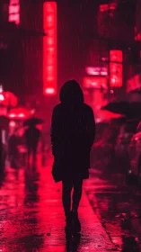 Hooded figure walks alone through neon drenched rainy street