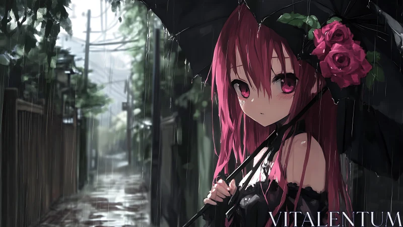 Pink haired anime girl with umbrella in rainy alleyway.