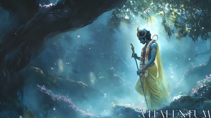 Blue-skinned robed figure in luminous forest clearing.