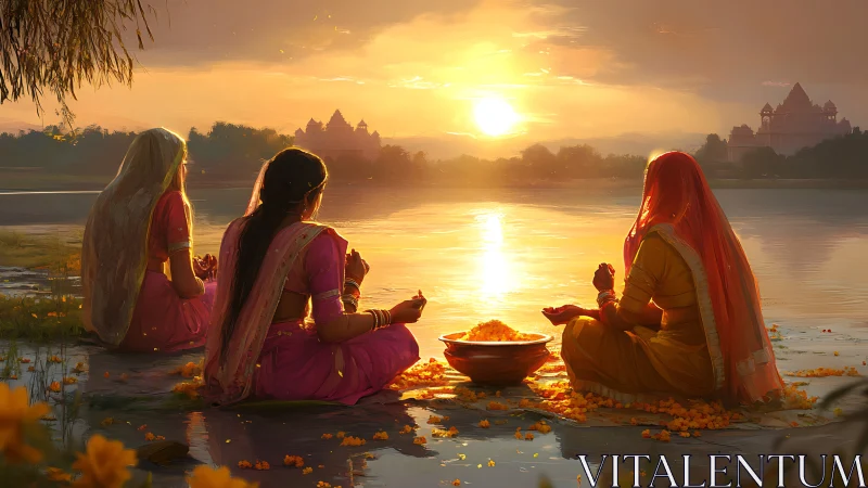 Women in Traditional Dress Praying by Riverside at Sunrise, Realistic Art.