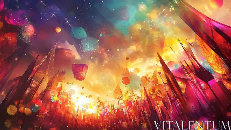 Luminous abstract festival cityscape in prismatic sky glow.