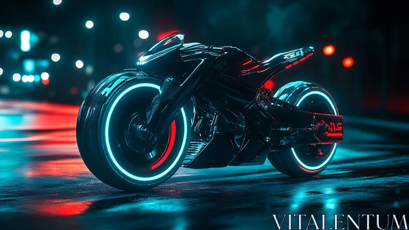 Cyberpunk lightcycle on neon street at night in rain.