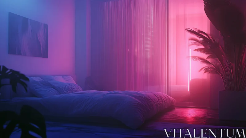 Bedroom interior under pink and blue artificial lighting.