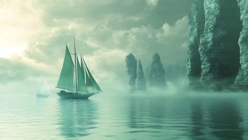 Twin schooners in teal mist near towering sea stacks at dawn