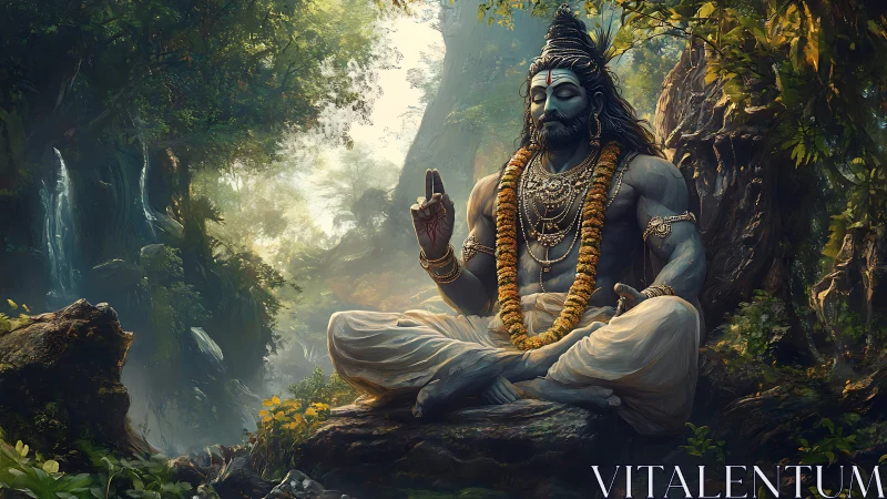 Meditative blue deity seated in lush forest sanctuary.