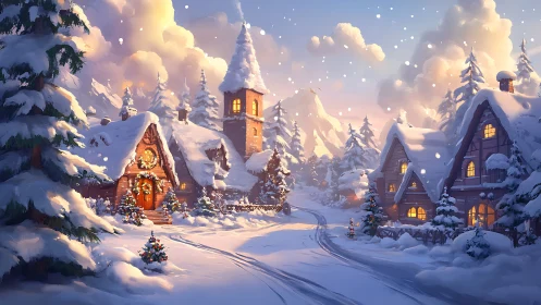 Snow-laden alpine village with luminous festive cottages.