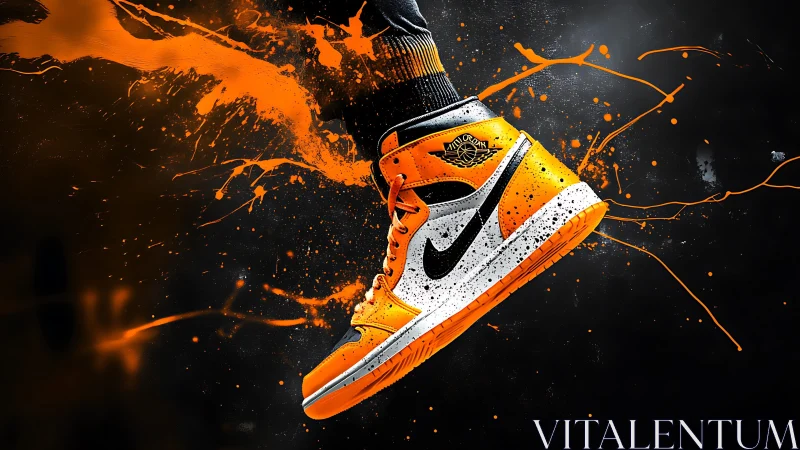 Bold orange sneaker splash capturing motion and energy.