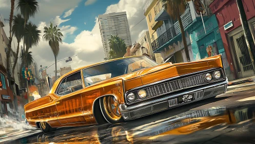 Chrome lowrider blazes through sunlit neon barrio streets.